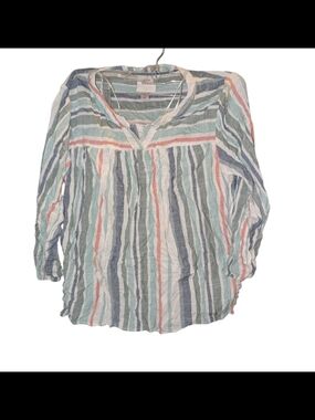 Knox Rose Striped Split-Neck Blouse in Blue, Green, Coral & White